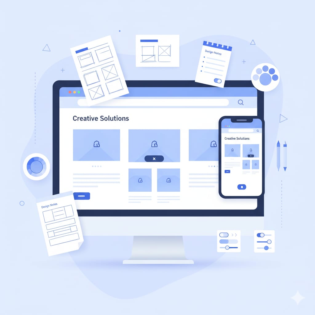A minimalist website design mockup on a modern desktop screen by Deepmyze, showing a responsive layout with a clean UI. Both desktop and mobile versions are displayed side-by-side, surrounded by creative tools like wireframes, design notes, and UI sketches, all in a soft blue and white color palette.