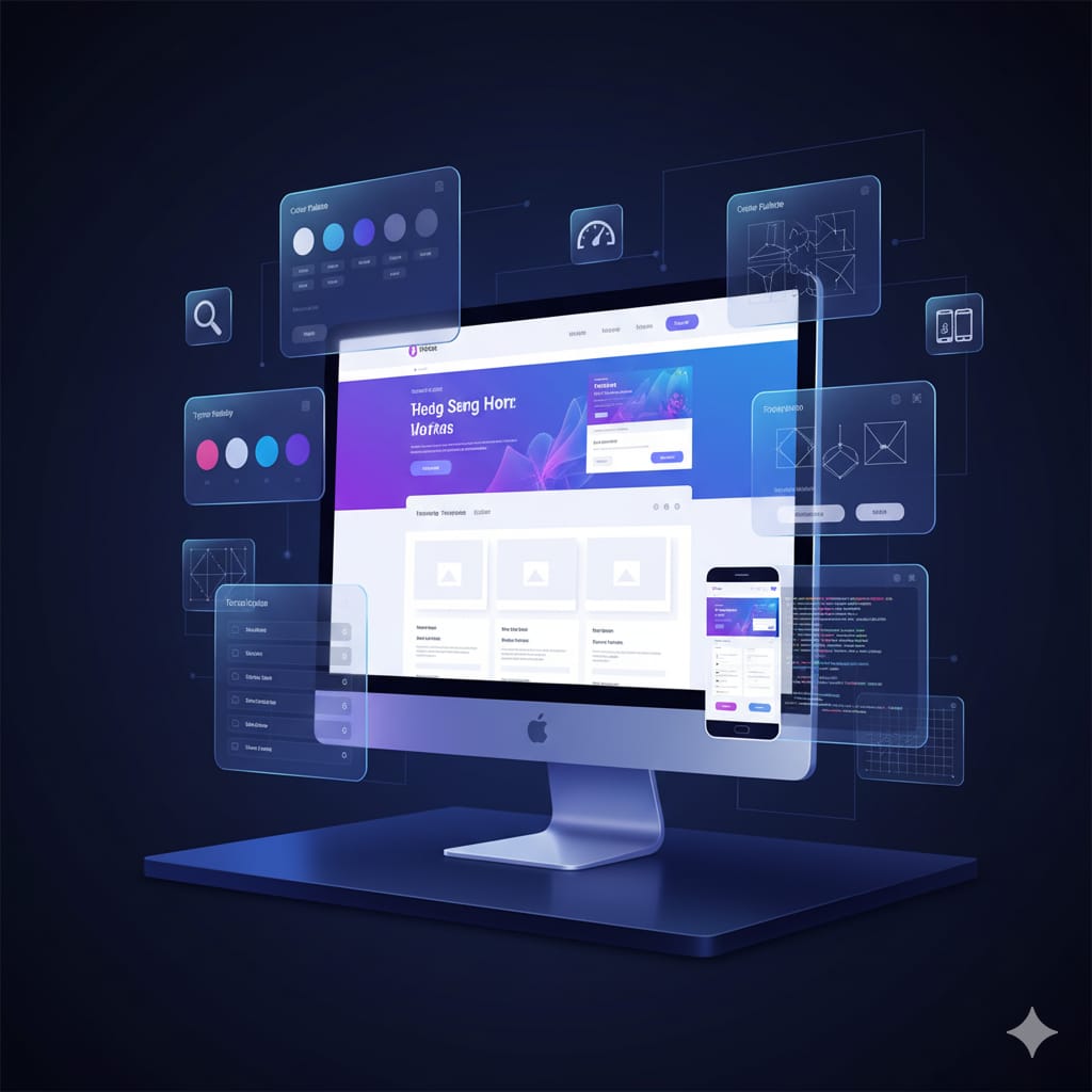 A high-detail modern illustration of website design and development, featuring a large computer screen displaying a clean website layout with a hero banner and UI components. It is surrounded by floating glass-like UI cards showing a color palette, typography selector, wireframe shapes, drag-and-drop elements, HTML/CSS code, a responsive mobile preview, and layout guides. The illustration uses vibrant blue, purple, and white with futuristic gradients, soft glows, and icons for SEO, speed, mobile responsiveness, and analytics, all conveying a premium, tech-driven feel.