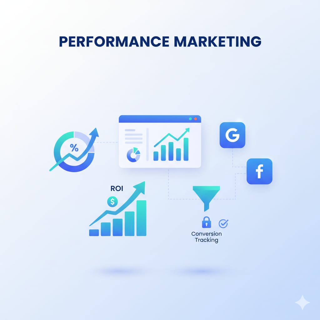 Flat vector icon for performance marketing featuring a bullseye target with an arrow, a bar growth chart, and an analytics search icon, all in a blue theme with soft shadows and rounded edges.