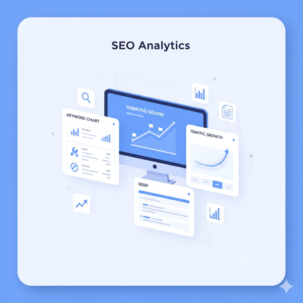 Premium modern illustration for SEO Analytics featuring a central monitor displaying a ranking graph, surrounded by floating cards showing a keyword chart, traffic growth, SERP elements, and icons for search, graphs, and website audit, all in a clean white and blue theme with soft shadows and rounded shapes.