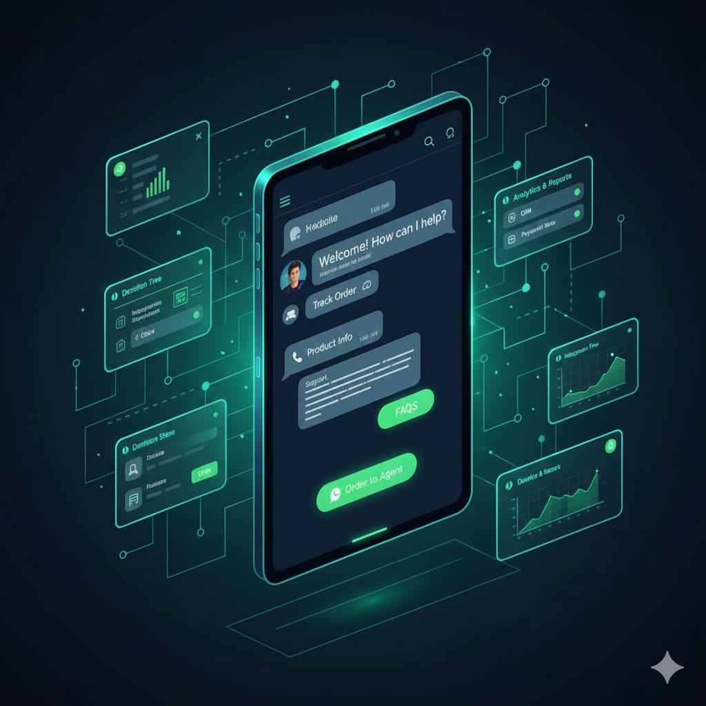 A high-quality modern illustration showcasing WhatsApp chatbot automation, with a large smartphone displaying a WhatsApp interface with automated message flows, chat bubbles, and quick reply buttons. It's surrounded by floating UI cards showing AI workflow diagrams, decision trees, integration flows, and analytics, all in glowing green and blue gradients within a futuristic tech environment.
