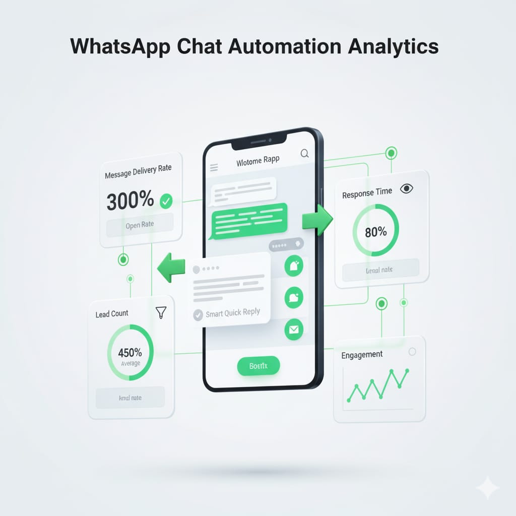 A modern illustration by Deepmyze showcasing WhatsApp chat automation analytics, with a central WhatsApp chat screen featuring automated replies and smart buttons. It is surrounded by floating UI panels displaying key metrics like message delivery rate, open rate, response time graph, lead count, and an engagement chart, all accented with green WhatsApp-themed elements on a clean white background.
