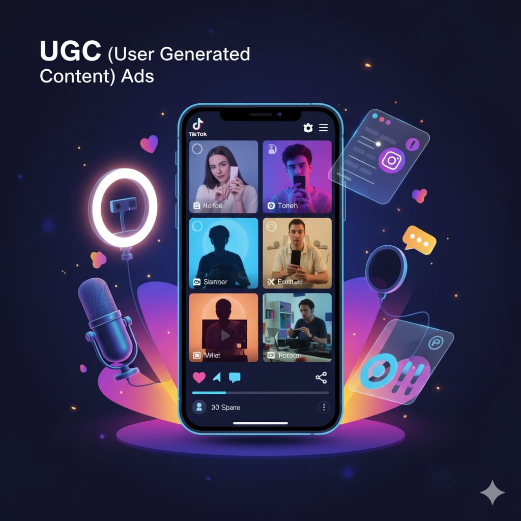 A high-quality modern illustration by Deepmyze showcasing UGC (User Generated Content) ads on a mobile phone screen. It displays short vertical video previews, review clips with partially visible creator faces, product shots, and social media icons for TikTok, Instagram Reels, and YouTube Shorts. Elements of engagement like likes, comments, and shares are included, alongside creator tools like a ring light, microphone, and camera UI elements, all in vibrant colors and modern gradients.