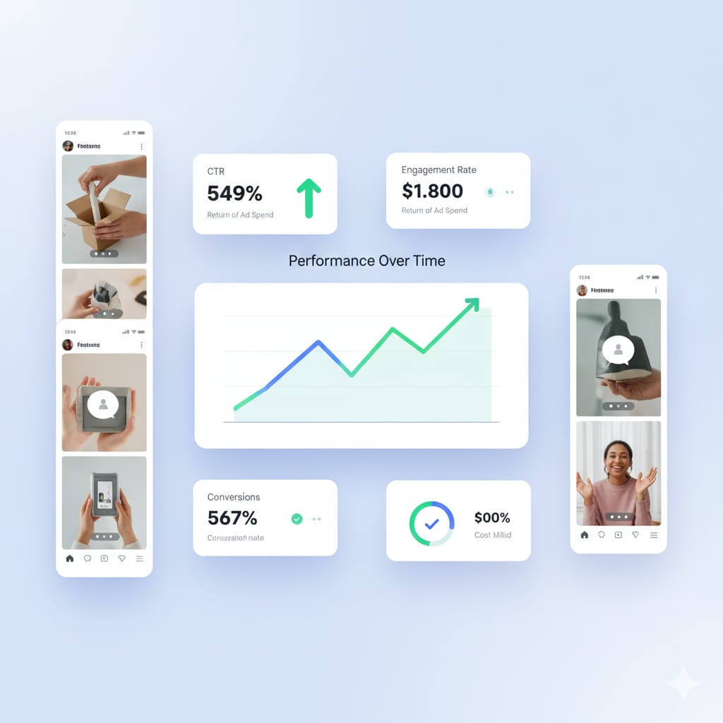 A clean dashboard-style illustration by Deepmyze showing UGC ad performance analytics. It features key metrics like CTR, ROAS (Return on Ad Spend), engagement rate, conversions, and a graph indicating rising performance. Multiple vertical video mockups display creator-style UGC scenes such as a hands-on product demo, testimonial bubble, unboxing moment, and real user experience, all with green/blue accents, soft shadows, and minimal UI elements, showing cropped hands or silhouettes instead of full faces.