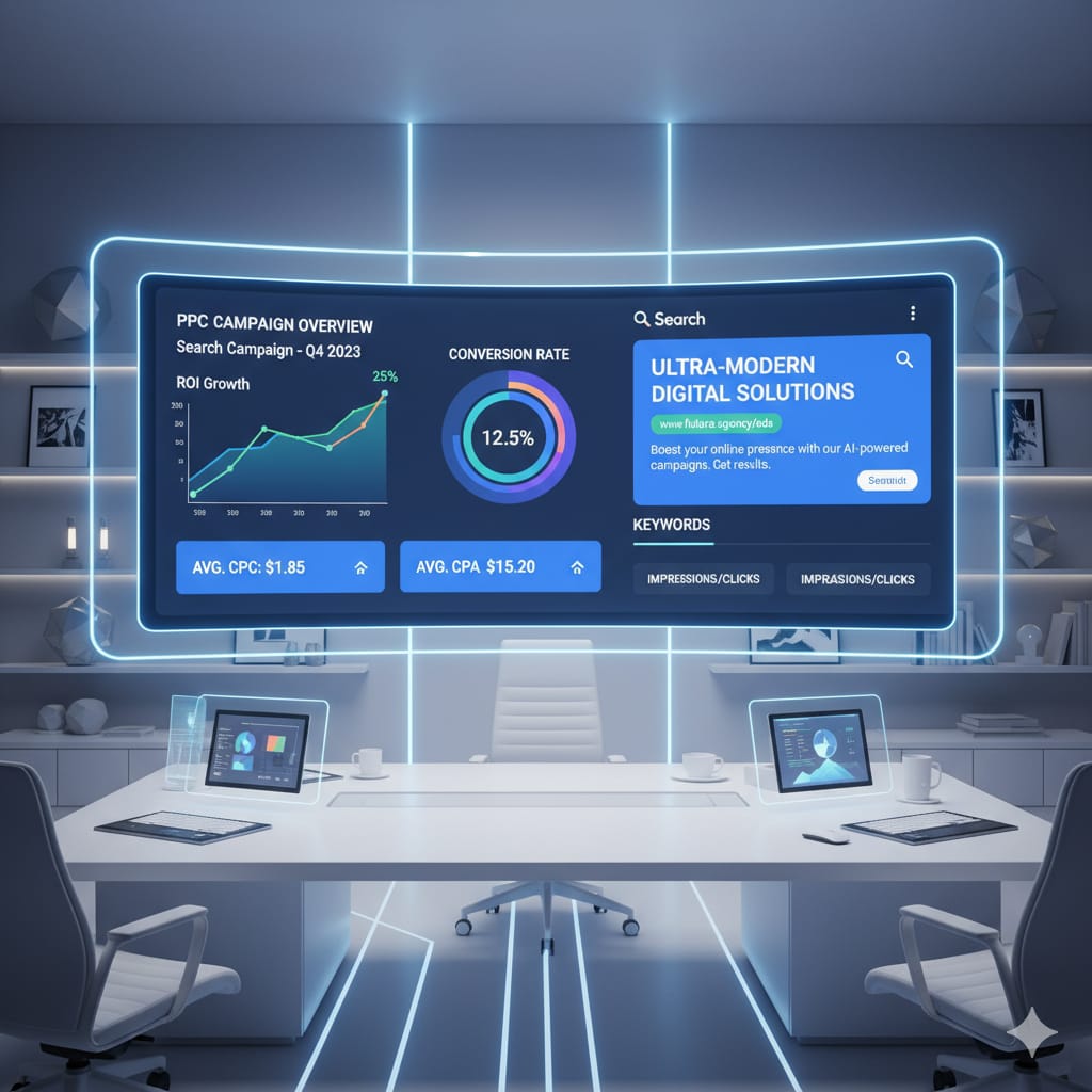 Deepmyze Digital Agency, Google Ads dashboard, PPC campaign, digital marketing, ROI growth, conversion rate, CPC, CPA, search ads, futuristic technology.