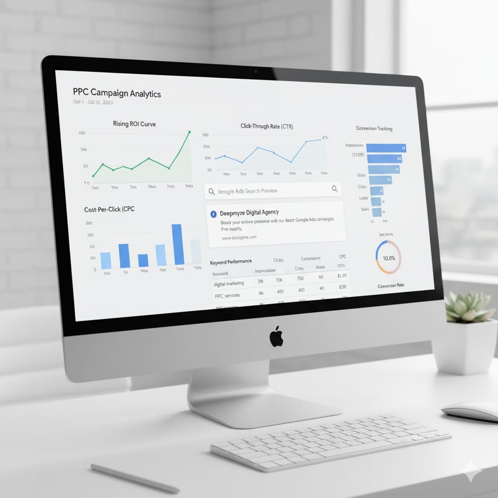 PPC analytics dashboard, digital marketing, Google Ads, ROI, CTR, CPC, conversion tracking, keyword performance, Deepmyze Digital Agency