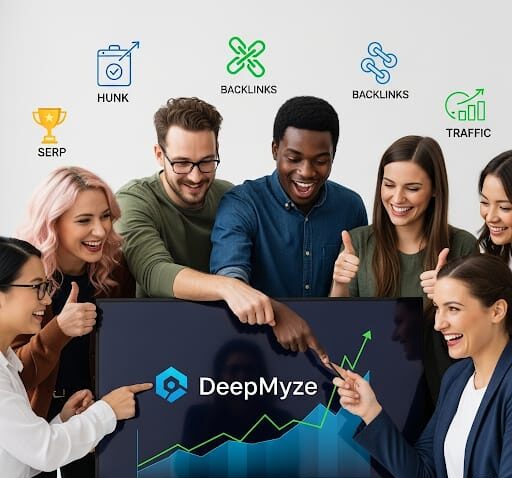 SEO Services in India SEO optimization team analyzing data on a screen with positive growth in SERP rankings and traffic