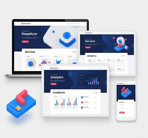 Responsive business website mockups displayed on multiple devices with analytics UI