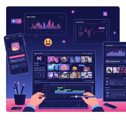 Editing viral Instagram reels using laptop with performance analytics and mobile preview