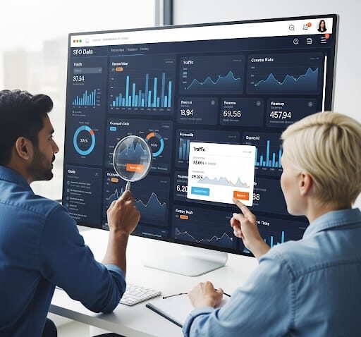 Team analyzing SEO dashboard with user experience and conversion data for website optimization