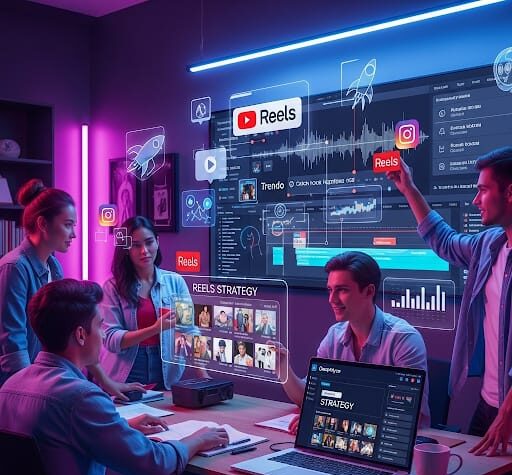Team brainstorming on viral Instagram Reels strategy with editing software and analytics dashboard