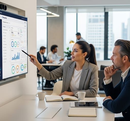 Team Discussion on Meta Ad Campaign Performance Metrics in Boardroom