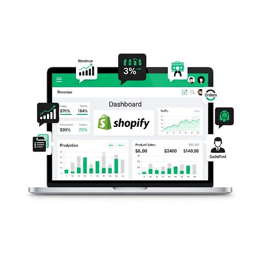 Shopify dashboard analytics showing sales reports, traffic, conversions, and revenue growth in real-time.