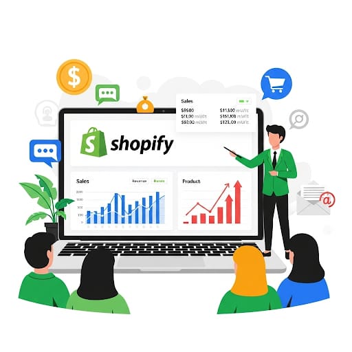 Illustration of Shopify sales and product performance strategy with DeepMyze expert presenting eCommerce analytics to a team.