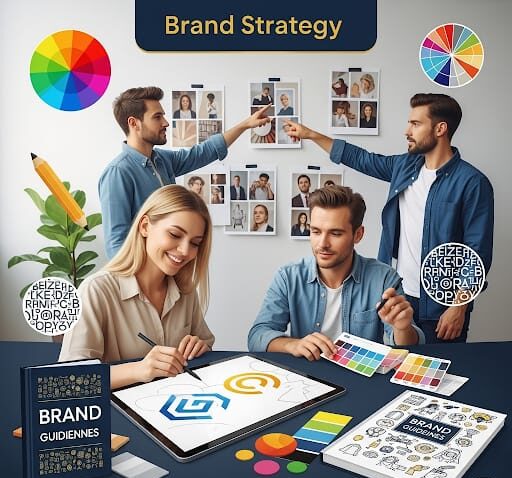 Creative team building a professional branding kit with logo design, color theory, and visual strategy elements – DeepMyze