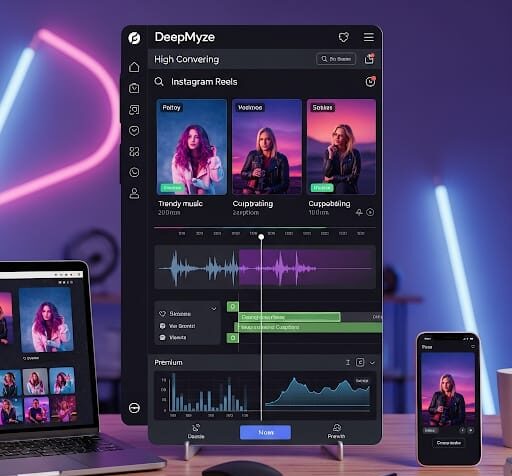 Digital Marketing Services in India Creative interface showcasing DeepMyze Instagram Reels editing dashboard on multiple devices.