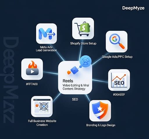 Illustration showing DeepMyze's 7 digital marketing services including Meta Ads Lead Generation, Shopify Store Setup, Google Ads PPC, Reels Editing, Viral Content Strategy, SEO, and Full Business Website Creation.