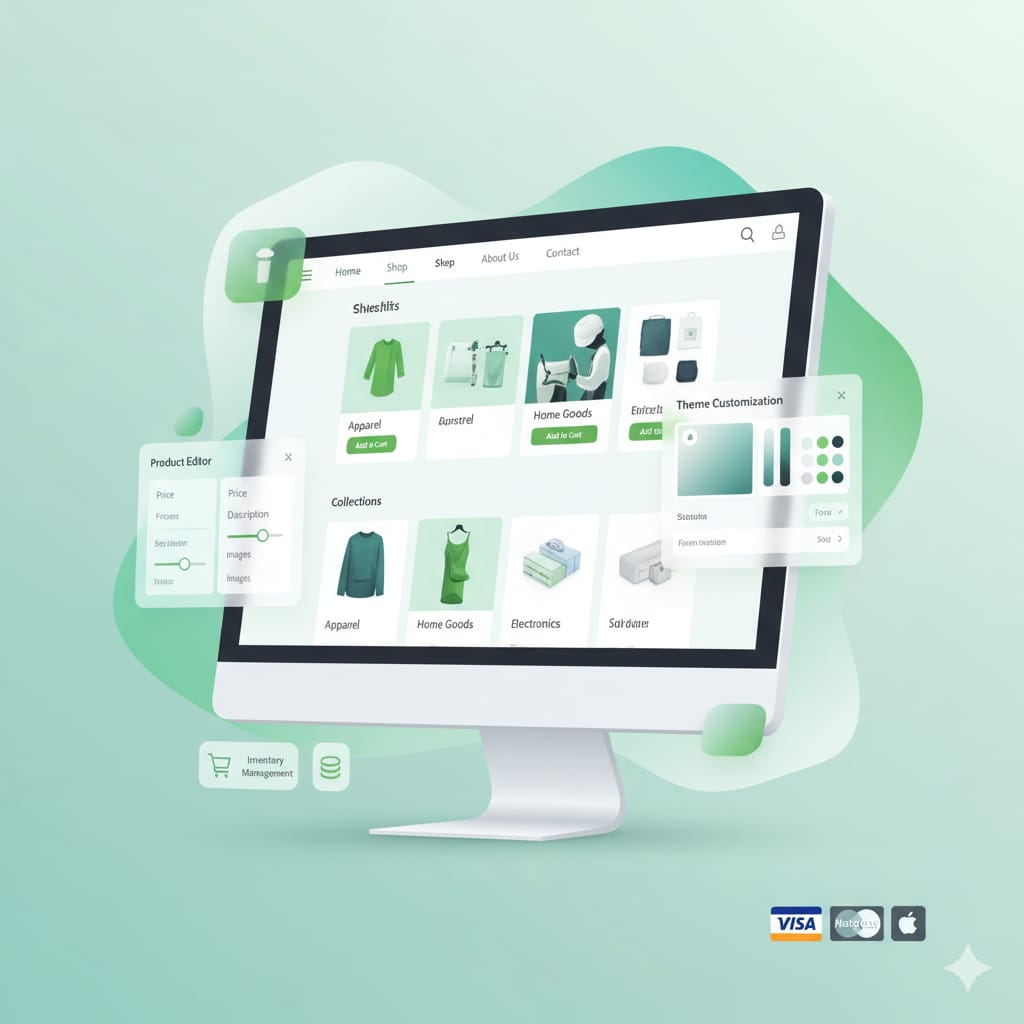 Desktop computer screen displaying a modern, clean Shopify storefront with product listings, navigation, and floating UI elements for product editing and theme customization, all in green and teal gradients.